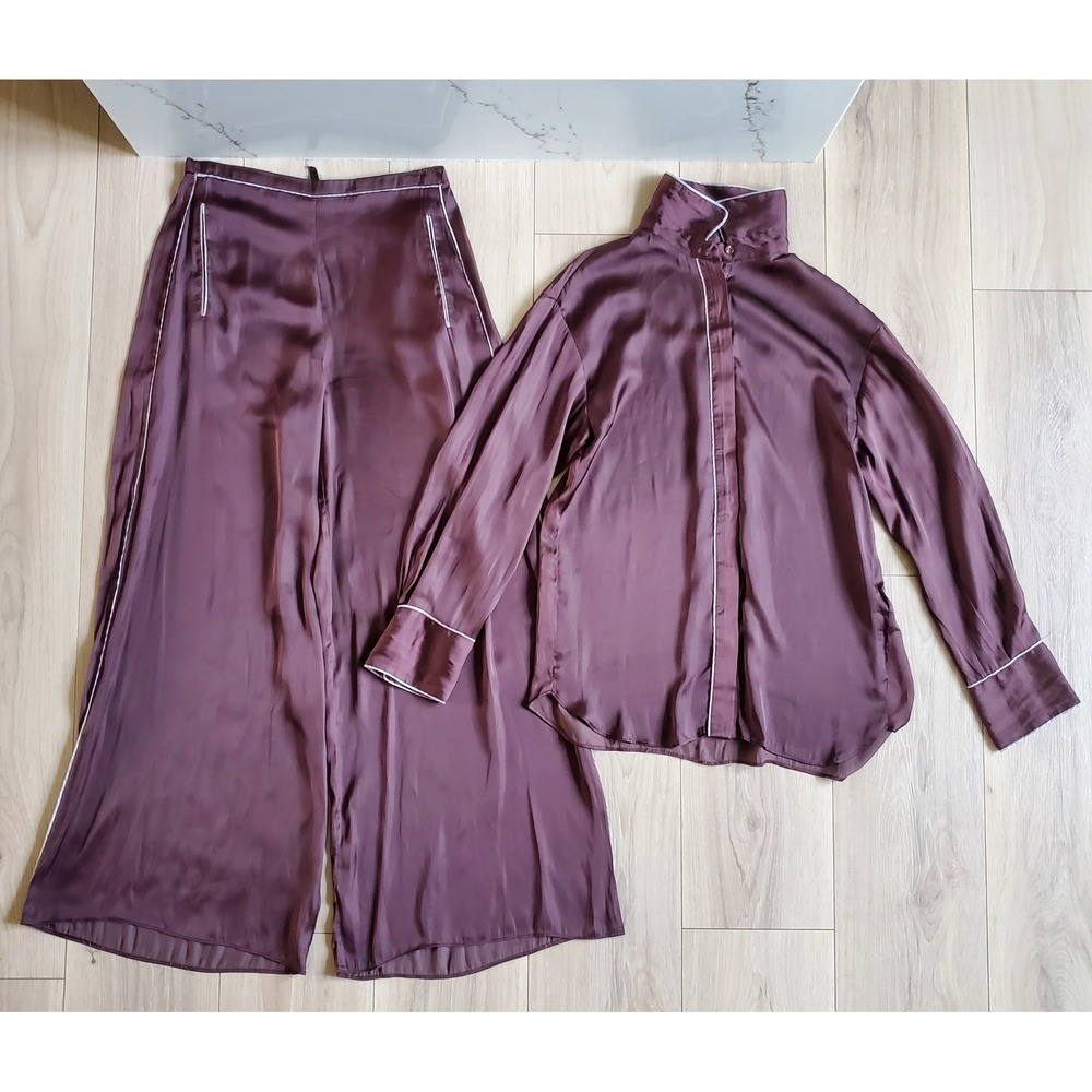 Zara 2 Piece Set Womens S Purple Satin Pajama Style Wide Leg Pant Shirt
